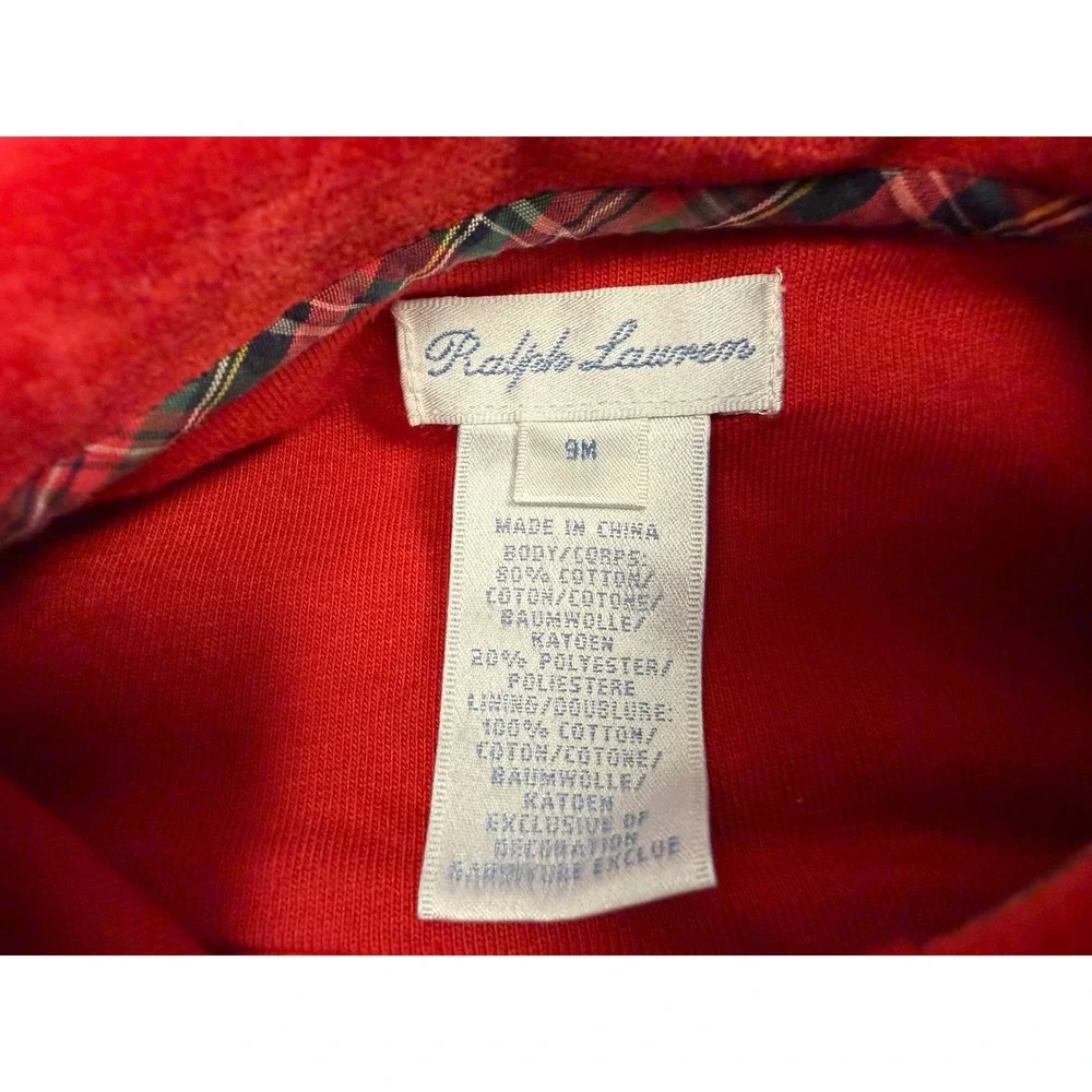 Ralph Lauren Footie Pajamas Velvet 9M Red Plaid Trim Holiday One Piece Romper